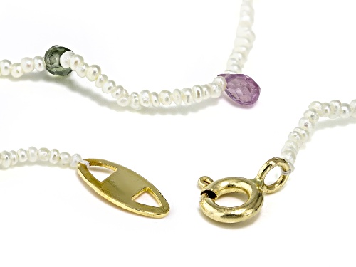 White Cultured Seed Pearls With Multi Color Sapphire 18k Yellow Gold Necklace - Size 18