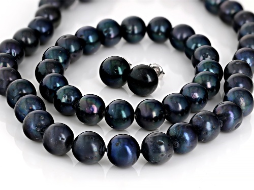 10.5mm Black Cultured Freshwater Pearl Rhodium Over Sterling Silver Necklace Bracelet & Earring Set