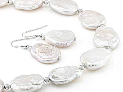 Genusis™ 13-15mm White Cultured Freshwater Pearl Rhodium Over Silver Necklace And Earring Set