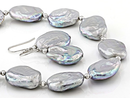 Genusis™ 13-15mm Platinum Cultured Freshwater Pearl Rhodium Over Silver Necklace And Earring Set