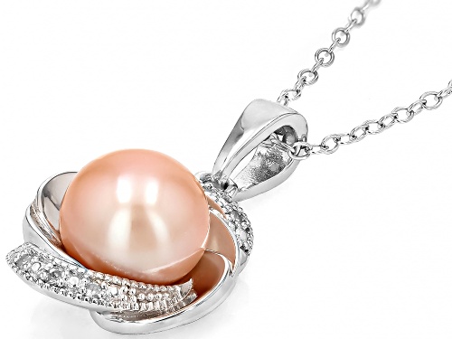 8-9mm Peach Cultured Freshwater Pearl With Diamond Accent Rhodium Over Sterling Silver Pendant