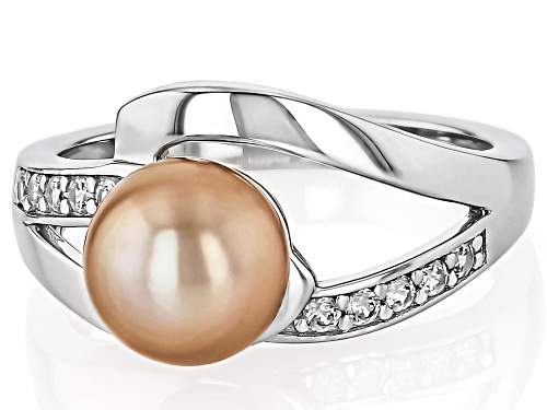8-9mm Pink Cultured Freshwater Pearl With White Zircon Rhodium Over Sterling Silver Ring - Size 11