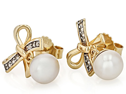 White Cultured Freshwater Pearl With White Zircon 18k Yellow Gold & Rhodium Over Silver Earrings