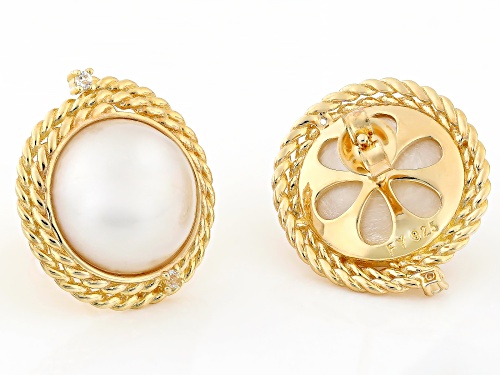 13mm White Cultured South Sea Mabe Pearl with Topaz 18k Yellow Gold Over Sterling Silver Earrings