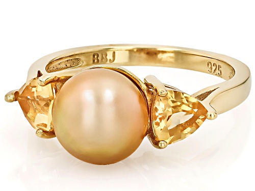 8mm Golden Cultured South Sea Pearl With Citrine 18k Yellow Gold Over Sterling Silver Ring - Size 12