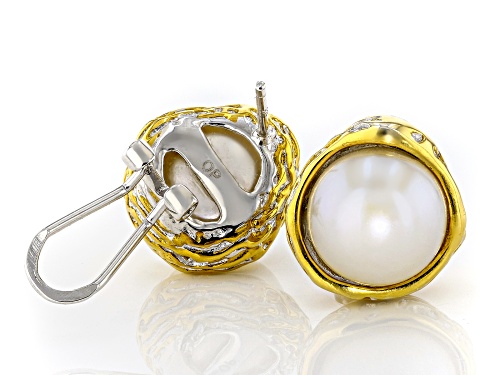 11.5mm White Cultured Freshwater Pearl 18k Yellow Gold & Rhodium Over Silver Two-Tone Earrings