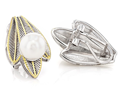 8.5mm White Cultured Freshwater Pearl 18k Yellow Gold & Rhodium Over Silver Two-Tone Earrings