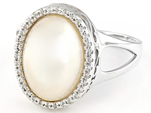 10mm White Cultured South Sea Mabe Pearl With White Topaz Rhodium Over Sterling Silver Ring - Size 12