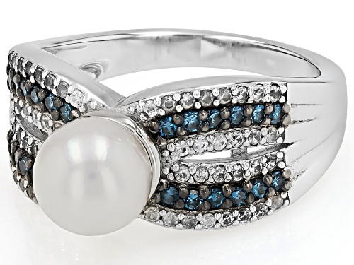 7mm Cultured Japanese Akoya Pearl With 0.65ctw Blue Diamond & Zircon Rhodium Over Silver Ring - Size 12