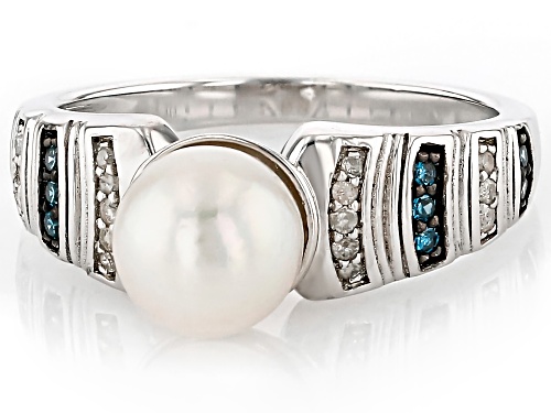 7mm Cultured Japanese Akoya Pearl With 0.26ctw Blue & White Diamond Rhodium Over Silver Ring - Size 12