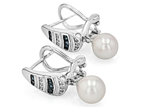 7mm Cultured Japanese Akoya Pearl With 0.11ctw Blue & White Diamond Rhodium Over Silver Earrings