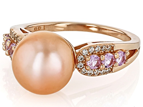 10mm Pink Cultured Freshwater Pearl With Pink Sapphire & Zircon 18k Rose Gold Over Silver Ring - Size 12