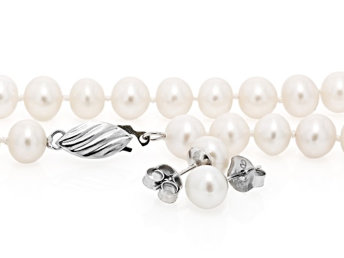 7-8mm White Cultured Freshwater Pearl Rhodium Over Sterling Silver 18 Inch Necklace and Earring Set