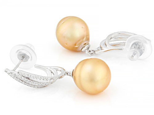 10mm Golden Cultured South Sea Pearl With White Topaz Rhodium Over Sterling Silver Earrings