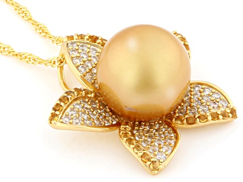 10mm Golden Cultured South Sea Pearl With Citrine & Zircon 18k Gold Over Silver Pendant With Chain