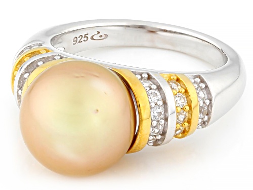 11mm Golden Cultured South Sea Pearl With Topaz 18k Gold & Rhodium Over Silver Two-Tone Ring - Size 11