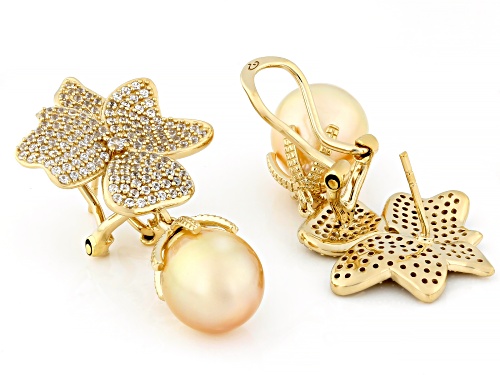11mm Golden Cultured South Sea Pearl With Zircon 18k Yellow Gold Over Sterling Silver Earrings