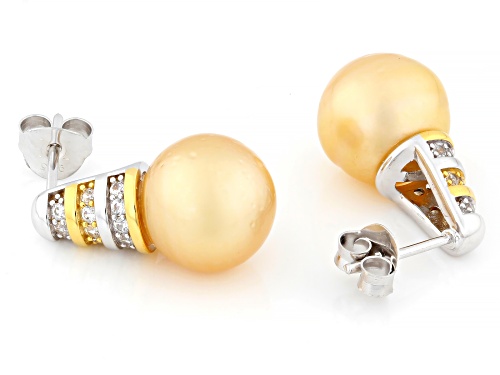10mm Golden Cultured South Sea Pearl With Topaz Rhodium & 18k Yellow Gold Over Silver Earrings