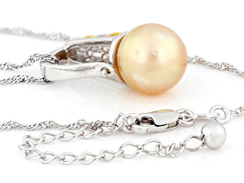 11mm Golden Cultured South Sea Pearl With Topaz 18k Gold & Rhodium Over Silver Enhancer With Chain