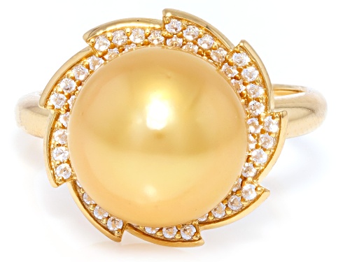 11mm Golden Cultured South Sea Pearl With White Zircon Rhodium Over Sterling Silver Ring - Size 9