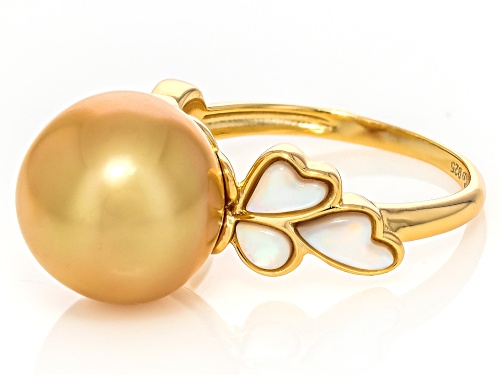 11mm Golden Cultured South Sea Pearl With South Sea Mother-Of-Pearl 18k Yellow Gold Over Silver Ring - Size 12