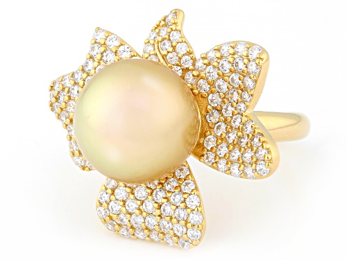 11mm Golden Cultured South Sea Pearl With Zircon 18k Yellow Gold Over Sterling Silver Ring - Size 7