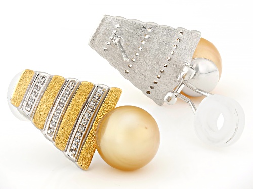10mm Golden Cultured South Sea Pearl With Zircon 18k Yellow Gold & Rhodium Over Silver Earrings