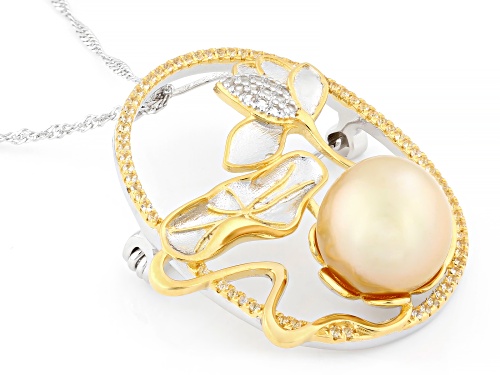11mm Golden Cultured South Sea Pearl & Topaz 18k Gold & Rhodium Over Silver Pin/Pendant With Chain