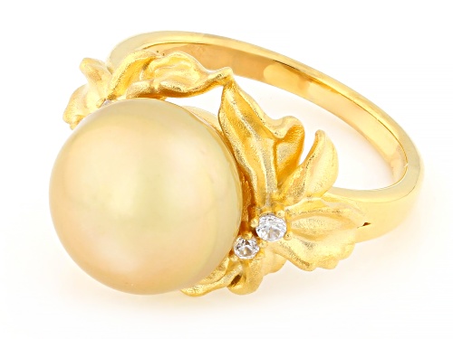 11mm Golden Cultured South Sea Pearl With White Zircon 18k Yellow Gold Over Sterling Silver Ring - Size 11
