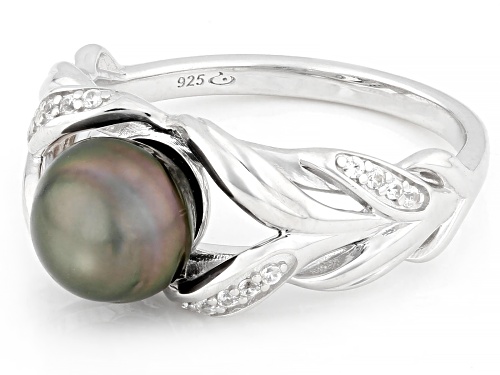 7mm Cultured Tahitian Pearl With White Topaz Rhodium Over Sterling Silver Ring - Size 10