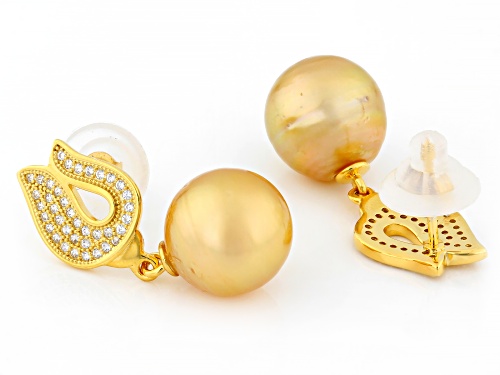 10mm Golden Cultured South Sea Pearl With White Topaz 18k Yellow Gold Over Sterling Silver Earrings