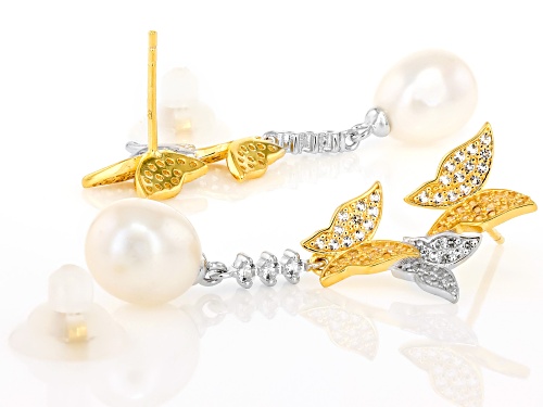 8mm White Cultured Freshwater Pearl With Topaz Rhodium & 18k Gold Over Silver Two-Tone Earrings