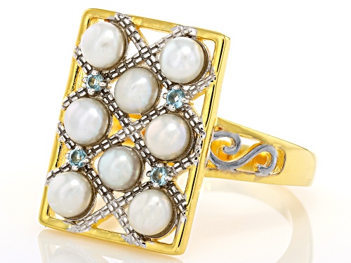 3.5mm Cultured Freshwater Pearl With Swiss Blue Topaz 18K Yellow Gold Over Silver Two-Tone Ring - Size 12