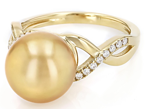 9mm Golden Cultured South Sea Pearl With 0.12ctw Moissanite Fire® 18K Gold Over Silver Ring - Size 12