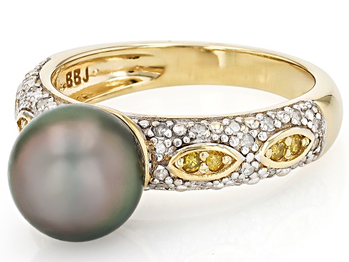 8.5mm Cultured Tahitian Pearl With 0.24ctw Canary & White Diamond 18K Yellow Gold Over Silver Ring - Size 8