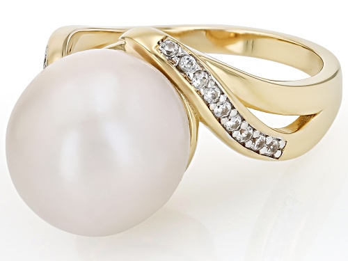 Genusis™ 12mm White Cultured Freshwater Pearl With White Zircon 18K Yellow Gold Over Silver Ring - Size 7