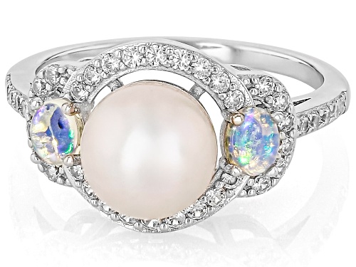 Genusis™ 7mm White Cultured Freshwater Pearl With Opal & White Zircon Rhodium Over Silver Ring - Size 9