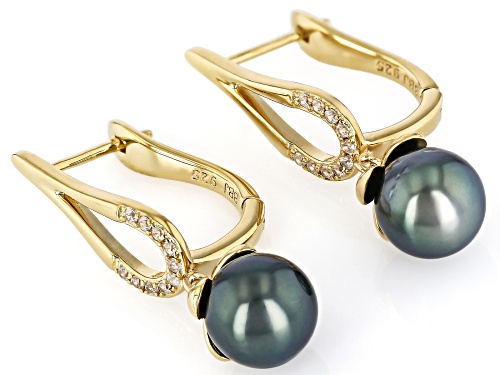 9-11mm Cultured Tahitian Pearl With White Zircon 18K Yellow Gold Over Sterling Silver Earrings