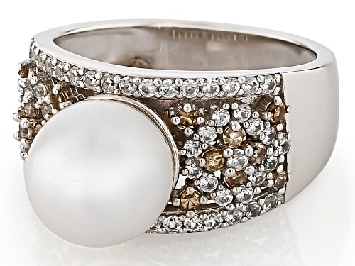 9.5mm White Cultured Freshwater Pearl With Champagne Diamond & Zircon Rhodium Over Silver Ring - Size 11