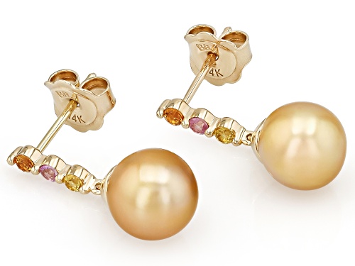 8mm Golden Cultured South Sea Pearl With Multi Color Sapphire 14K Yellow Gold Earrings