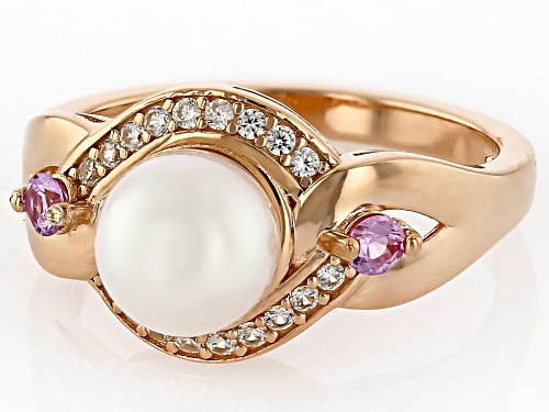 7mm Cultured Japanese Akoya Pearl With Pink Sapphire & Zircon 18K Rose Gold Over Silver Ring - Size 7