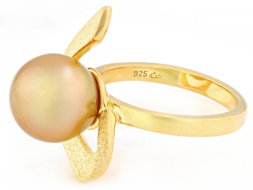 10mm Golden Cultured South Sea Pearl 18K Yellow Gold Over Sterling Silver Ring - Size 11
