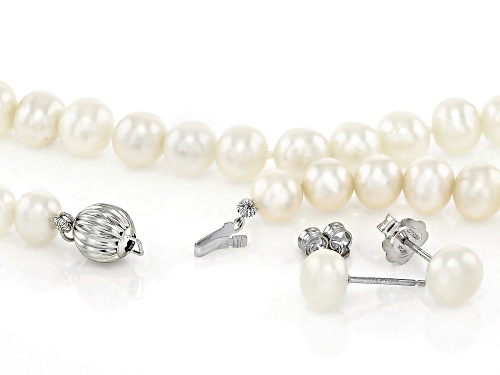7-8mm White Cultured Freshwater Pearl Rhodium Over Sterling Silver Necklace And Earring Set