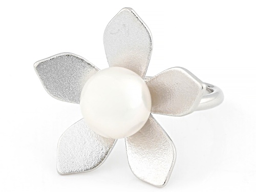 9mm White Cultured Freshwater Pearl Rhodium Over Sterling Silver Ring - Size 11