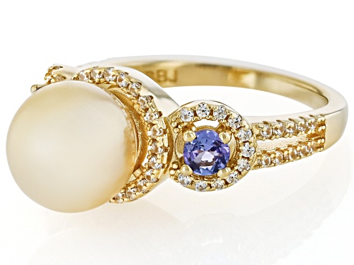 9mm Golden Cultured South Sea Pearl With Tanzanite & White Zircon 18k Yellow Gold Over Silver Ring - Size 7