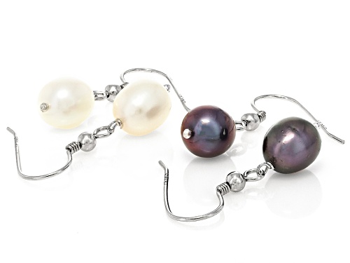 7.5mm White & Black Cultured Freshwater Pearl Rhodium Over Sterling Silver Earrings Set of 2
