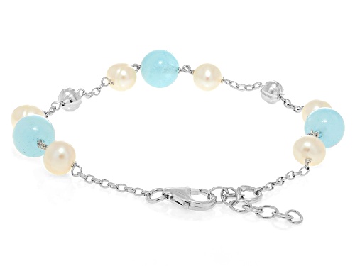 6mm White Cultured Freshwater Pearl & Aquamarine Rhodium Over Sterling Silver Bracelet
