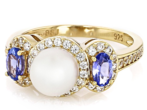 7mm White Cultured Japanese Akoya Pearl With Tanzanite & White Zircon 18K Gold Over Silver Ring - Size 7