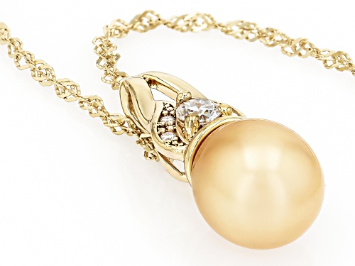9mm Golden Cultured South Sea Pearl With Moissanite 18K Gold Over Silver Pendant With Chain