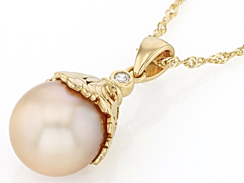 13-15mm Golden Cultured South Sea Pearl With Zircon 18k Yellow Gold Over Silver Pendant With Chain